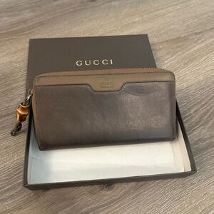 Gucci Brown Leather Long Wallet Bamboo